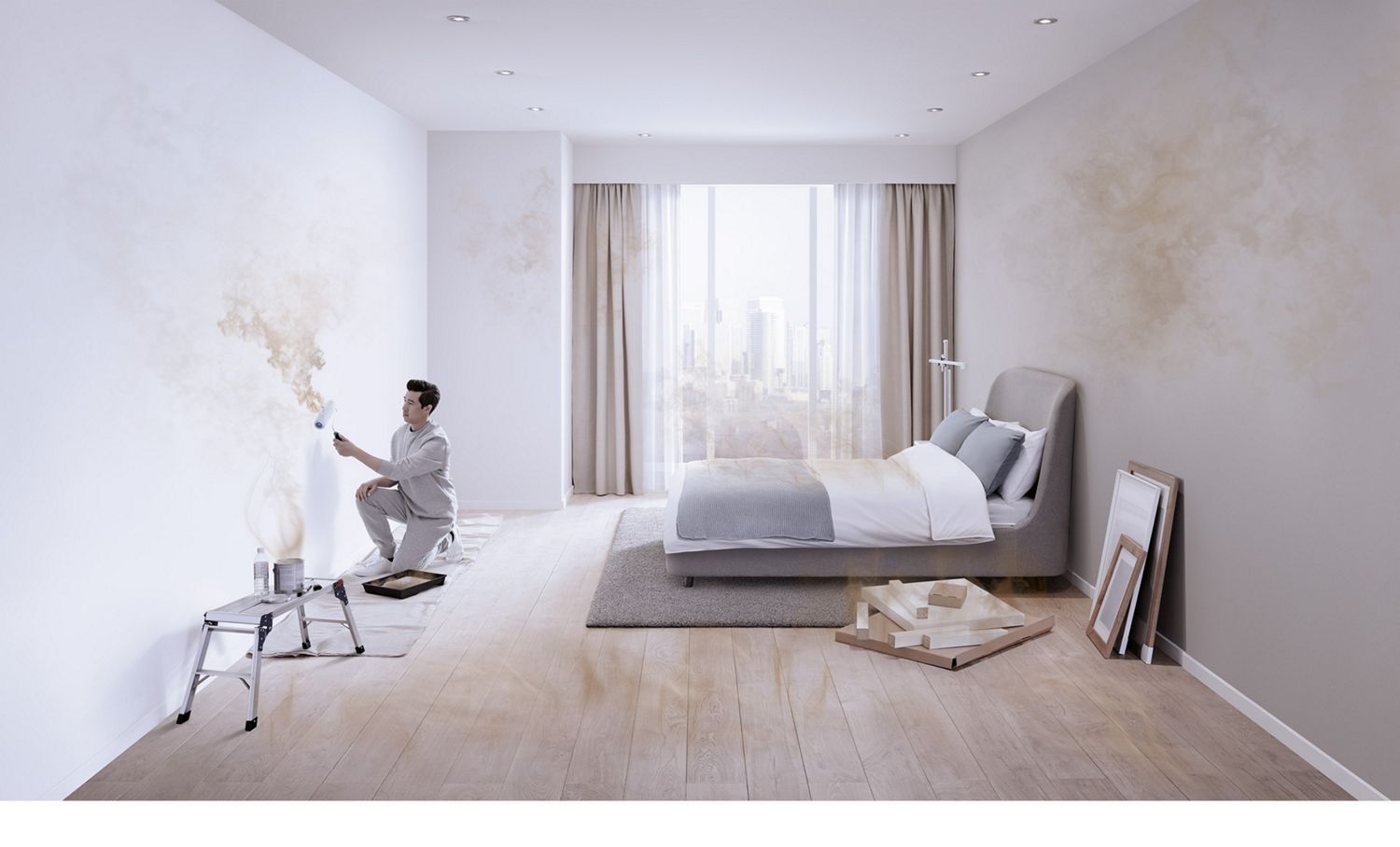 A man painting a bedroom with several sources of pollution shown.